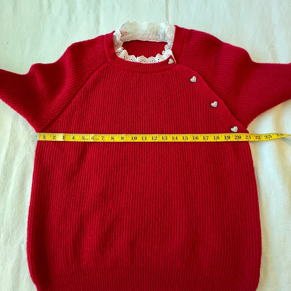 Women's Red Ribbed Knit Sweater with Lace Collar and Rhinestone Heart Buttons‎ - Picture 10 of 10